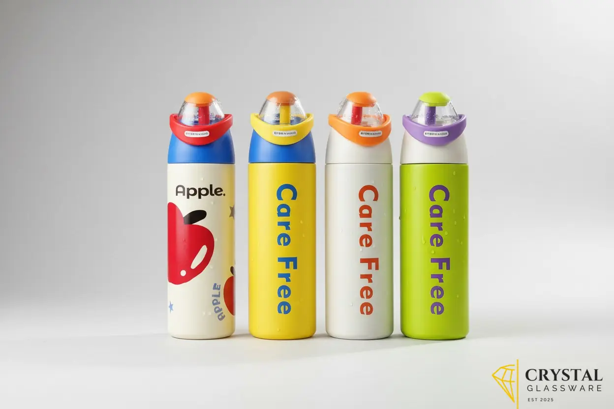 Colorful "Care Free" stainless steel vacuum-insulated water bottles featuring dual-drinking straw lids and playful designs — Crystal Glassware Pakistan